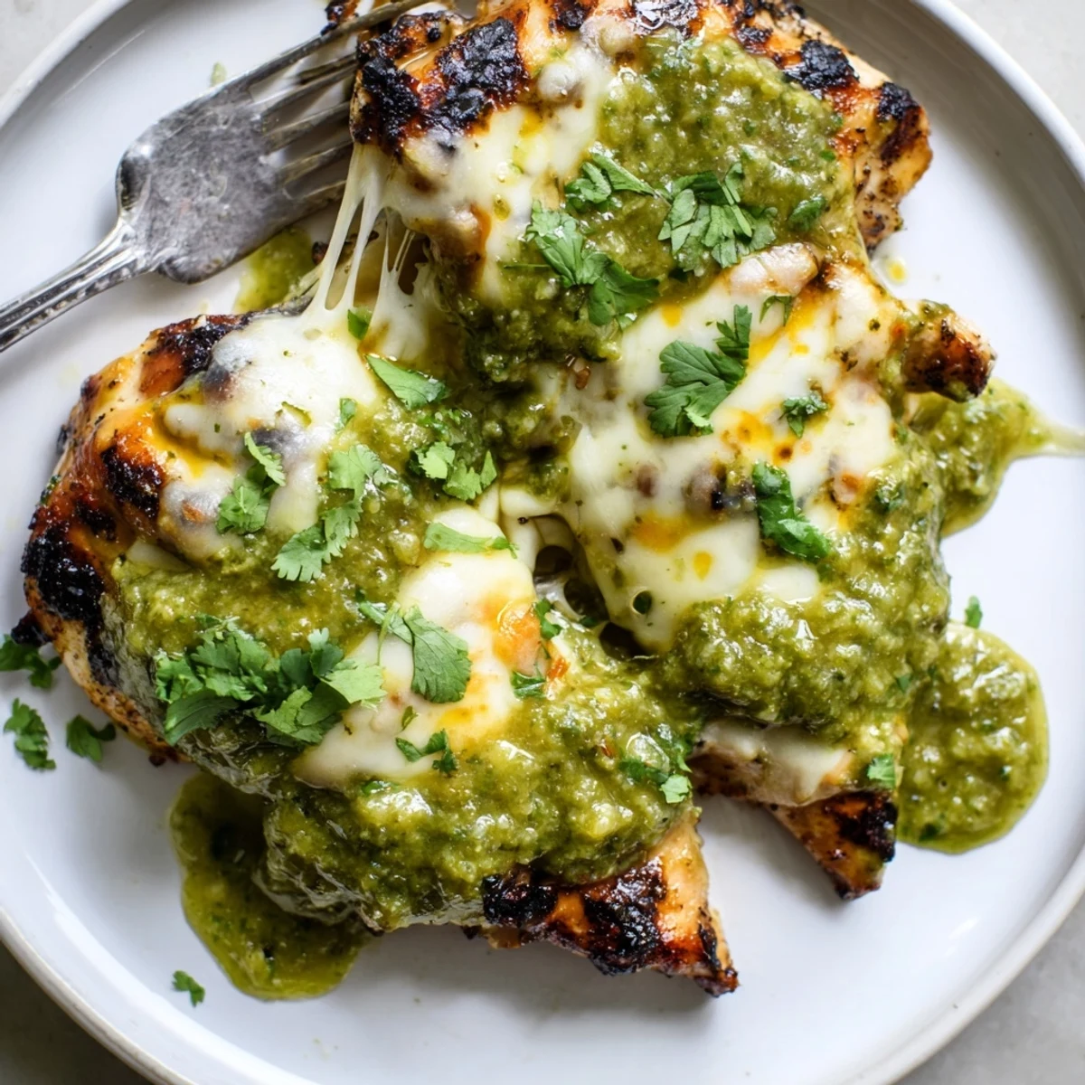 Melted Pepper Jack cheese blankets grilled salsa verde chicken garnished with fresh cilantro