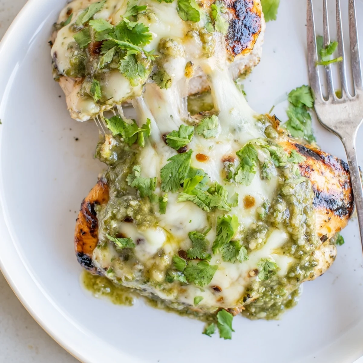 Cheesy grilled salsa verde pepper jack chicken sizzling on a backyard grill platter