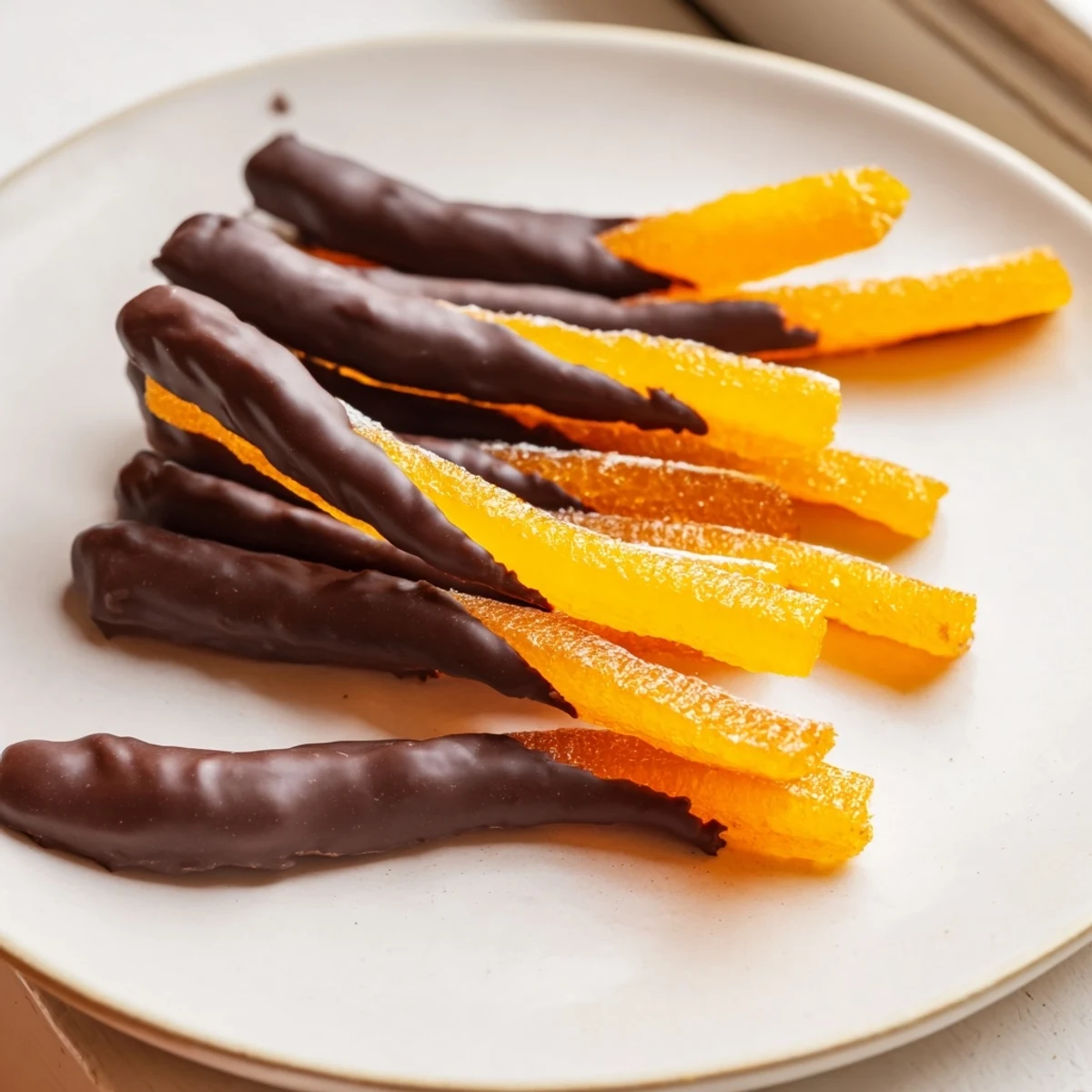 Candied orange peel strips dipped halfway in melted dark chocolate cooling on rack