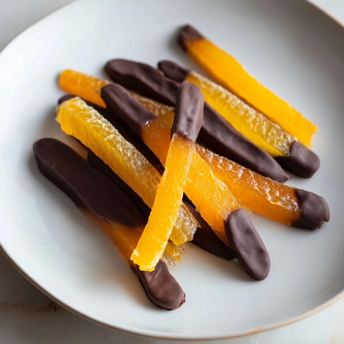 Glossy chocolate covered orange peels arranged on parchment paper with rich dark coating