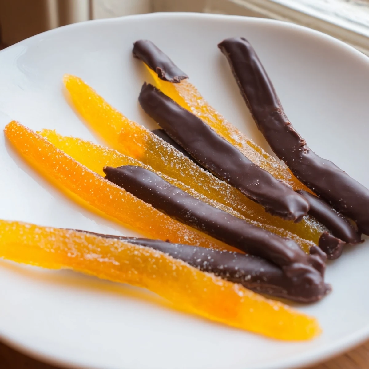 Elegant chocolate covered orange peels with shiny glaze stacked on a ceramic plate