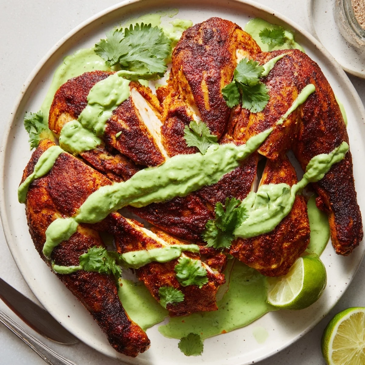 Juicy sliced Peruvian Chicken Delight drizzled with creamy cilantro green sauce on a platter