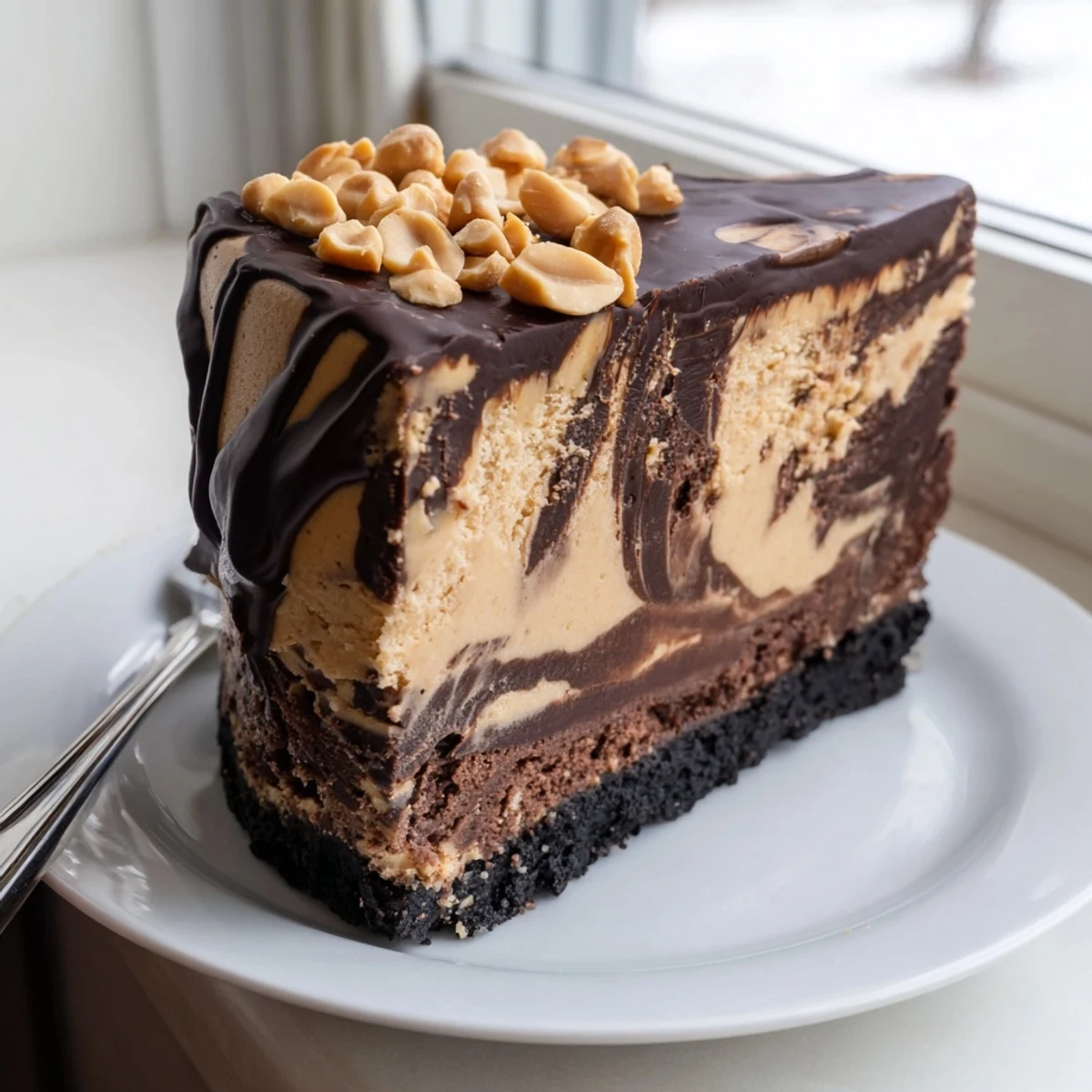 Creamy chocolate peanut butter cheesecake sliced on a white plate with ganache dripping over the edges