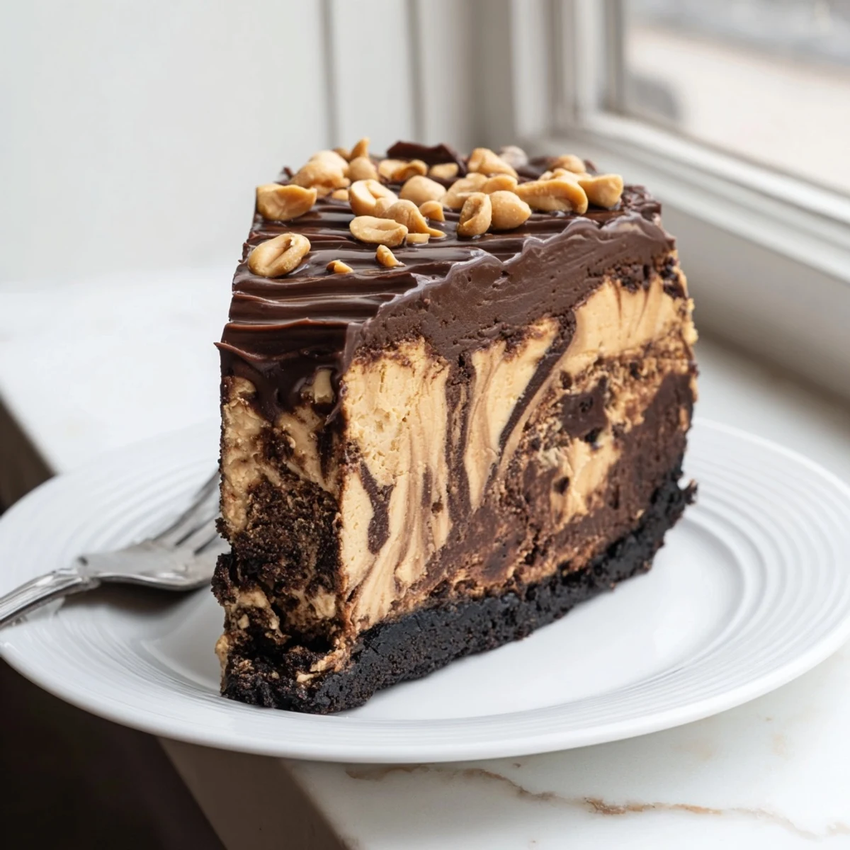 Rich chocolate peanut butter cheesecake with marbled filling sitting on a dark cookie crust