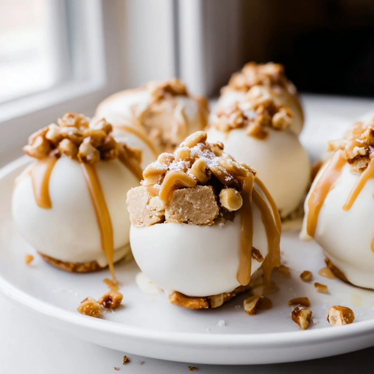 Creamy salted caramel pretzel cheesecake balls drizzled with golden caramel on a rustic tray