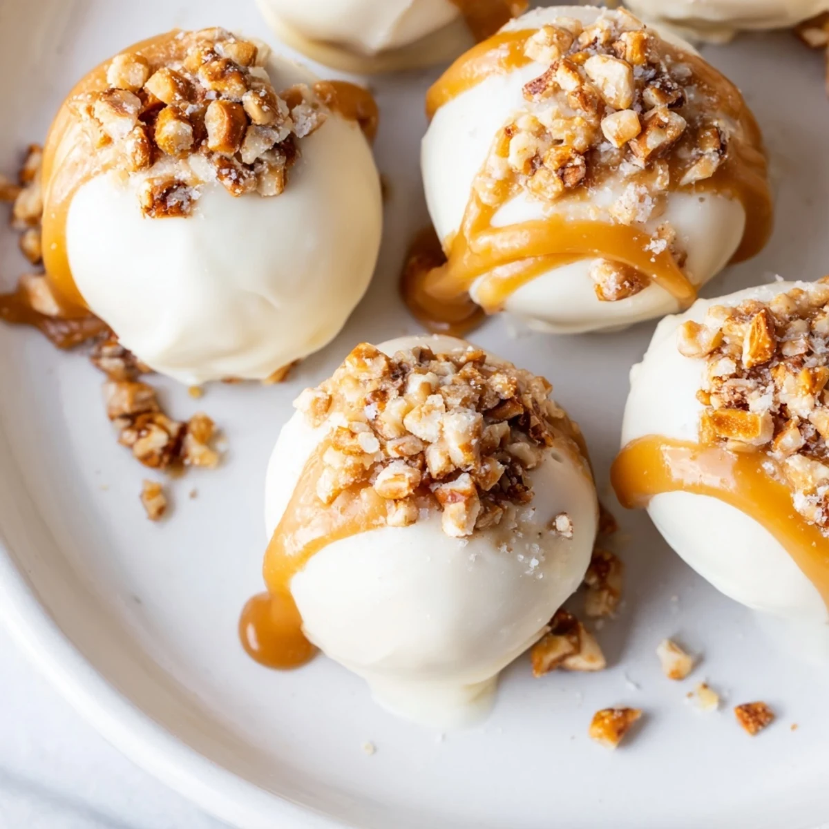 Golden-dipped salted caramel pretzel cheesecake balls topped with crunchy crushed pretzels and sea salt