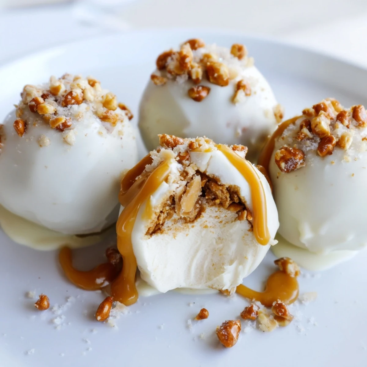 Bite-sized salted caramel pretzel cheesecake balls coated in white chocolate with a sticky caramel drizzle