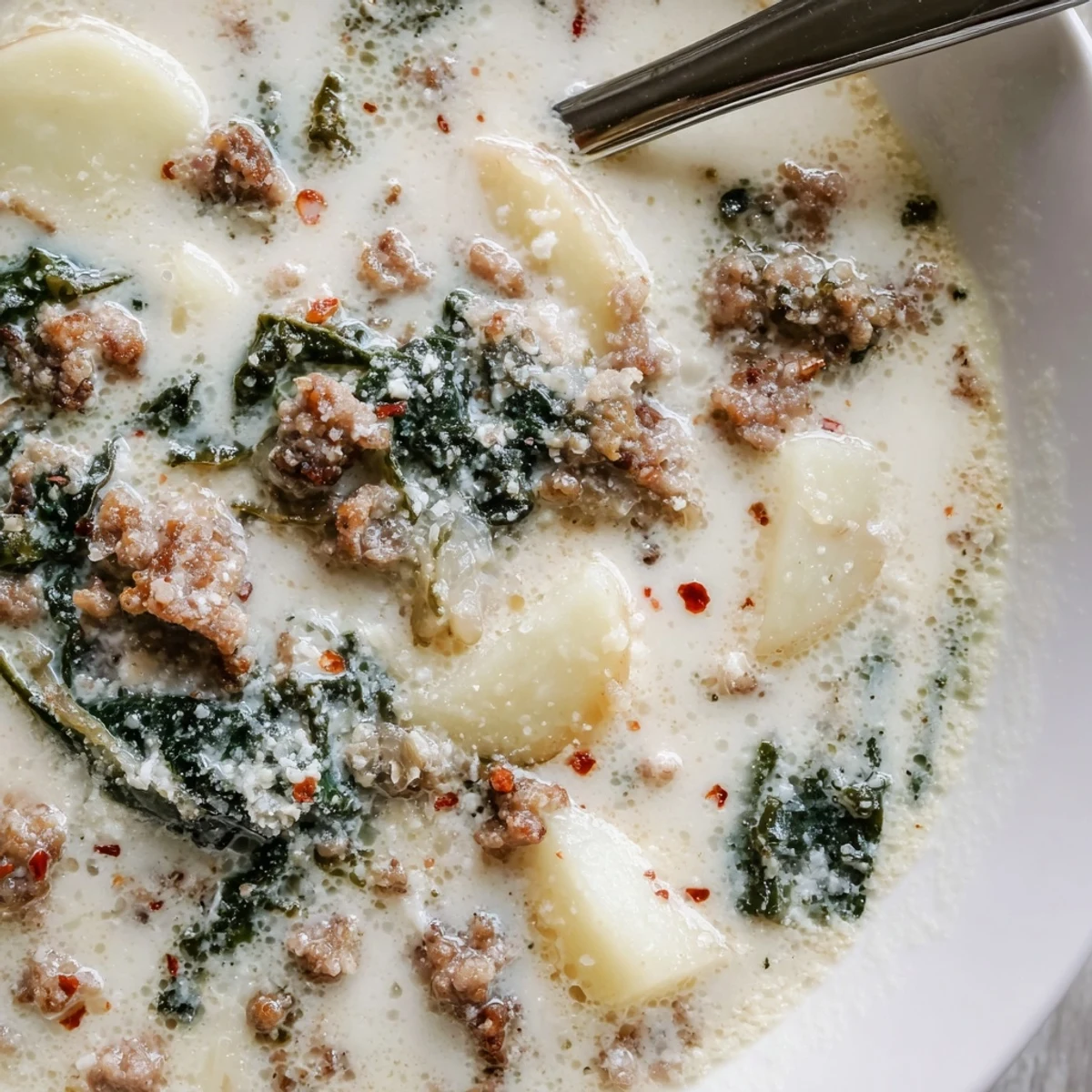 Creamy Zuppa Toscana soup with crumbled sausage, tender potatoes, and wilted kale