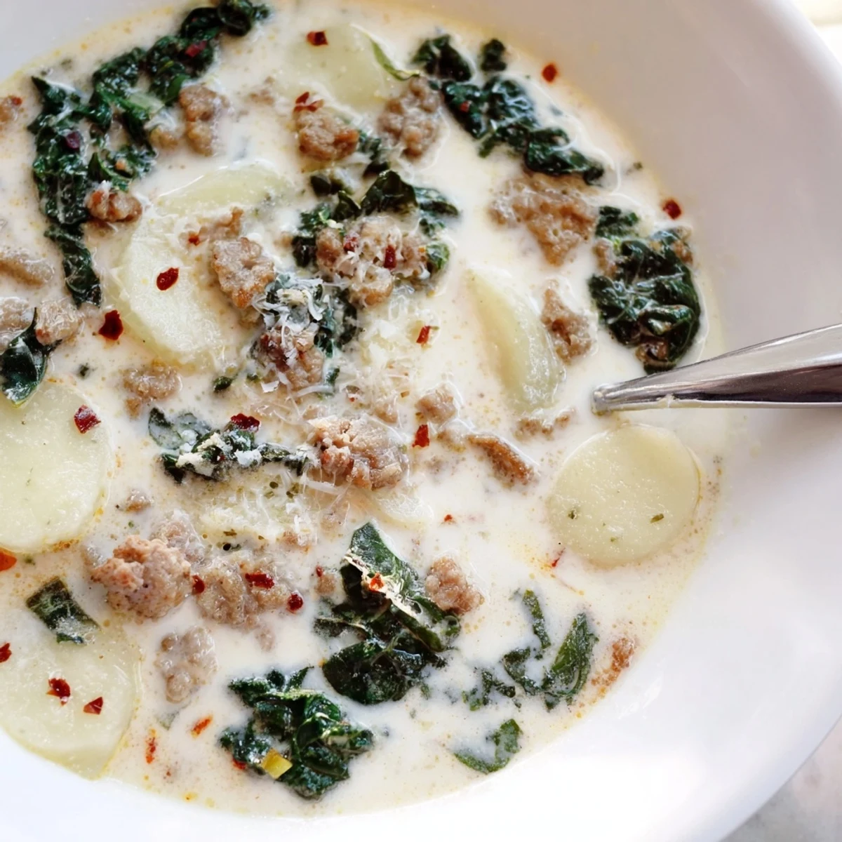 Steaming bowl of Zuppa Toscana soup topped with Parmesan and crusty bread