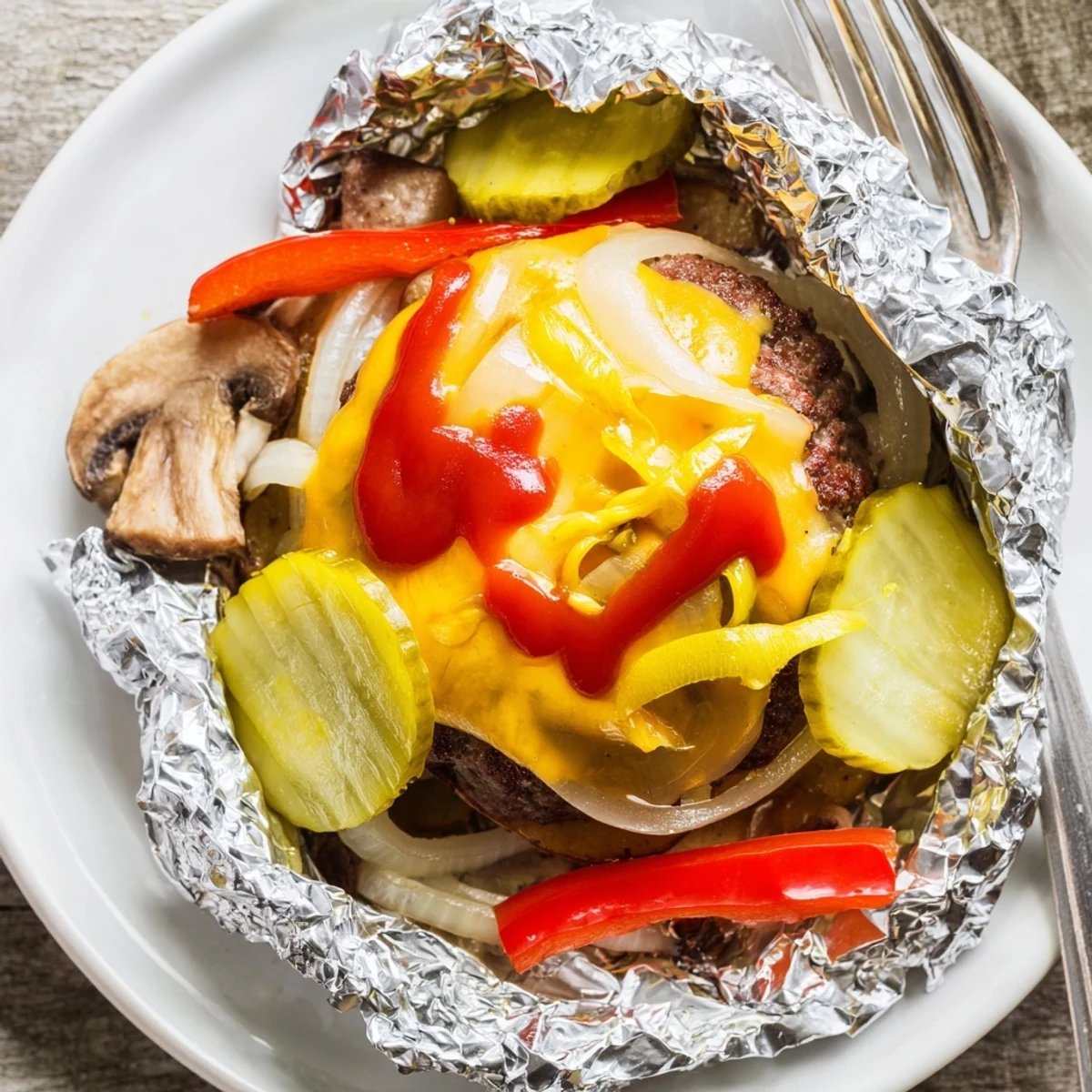 Golden campfire cheeseburger hobo packets with melted cheddar and tender seasoned vegetables inside foil