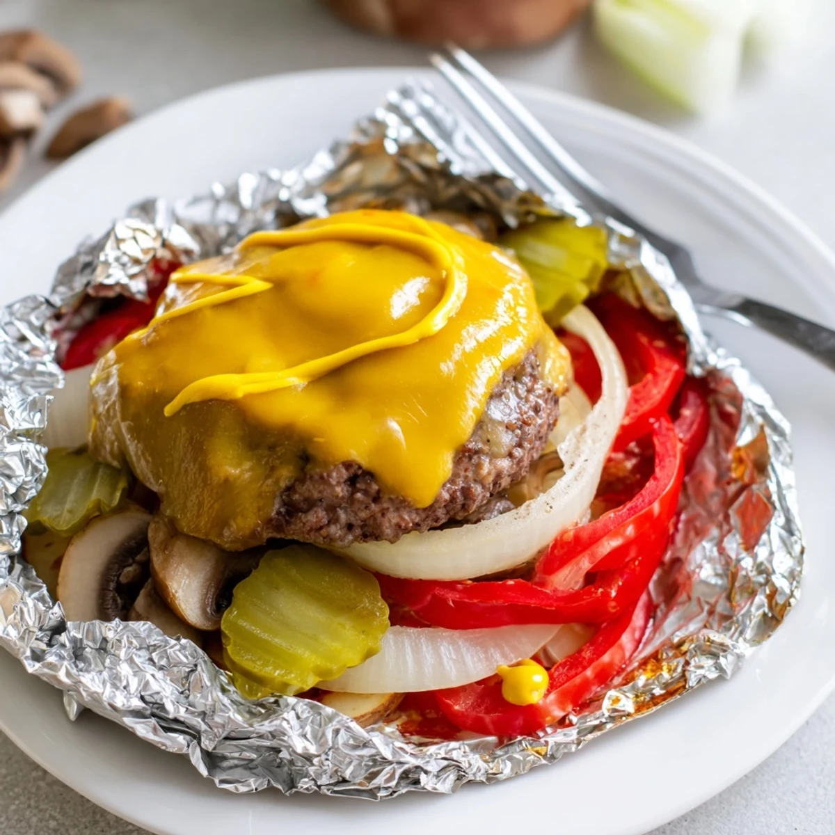 Steaming campfire cheeseburger hobo packets opened to reveal juicy beef and colorful roasted vegetables