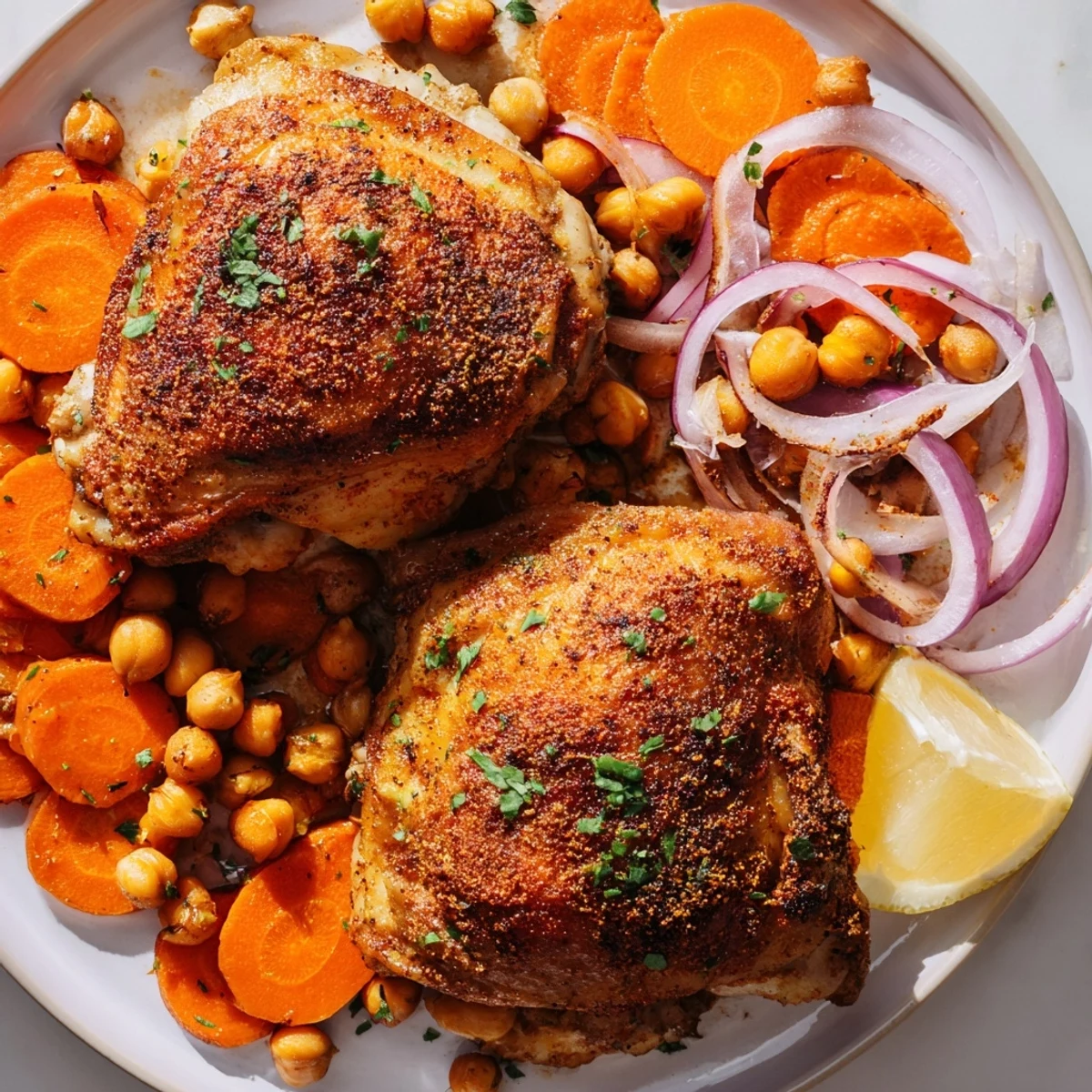 Golden sumac chicken with carrots and chickpeas roasted on a sheet pan