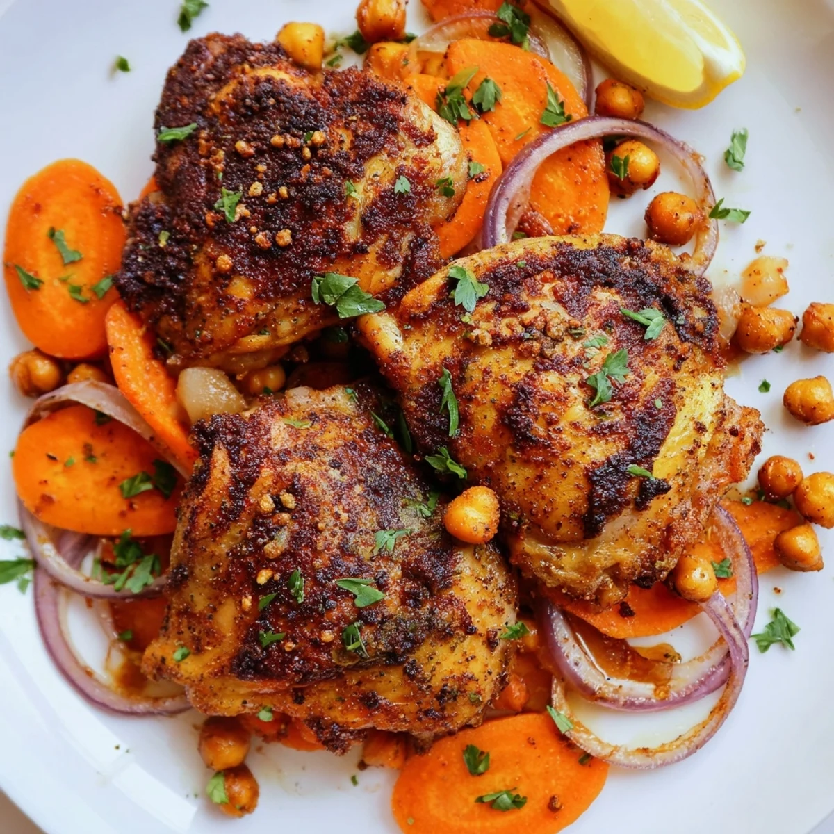 Juicy sumac chicken thighs nestled beside caramelized carrots and hearty chickpeas