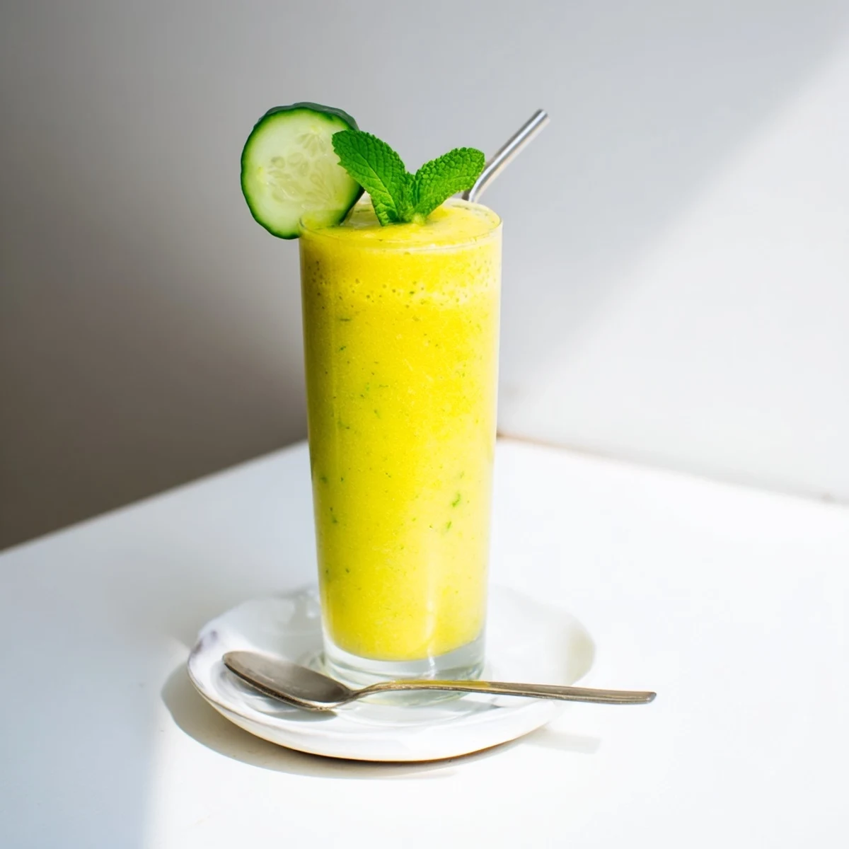 Creamy mango cucumber smoothie poured into a glass with fresh mint garnish