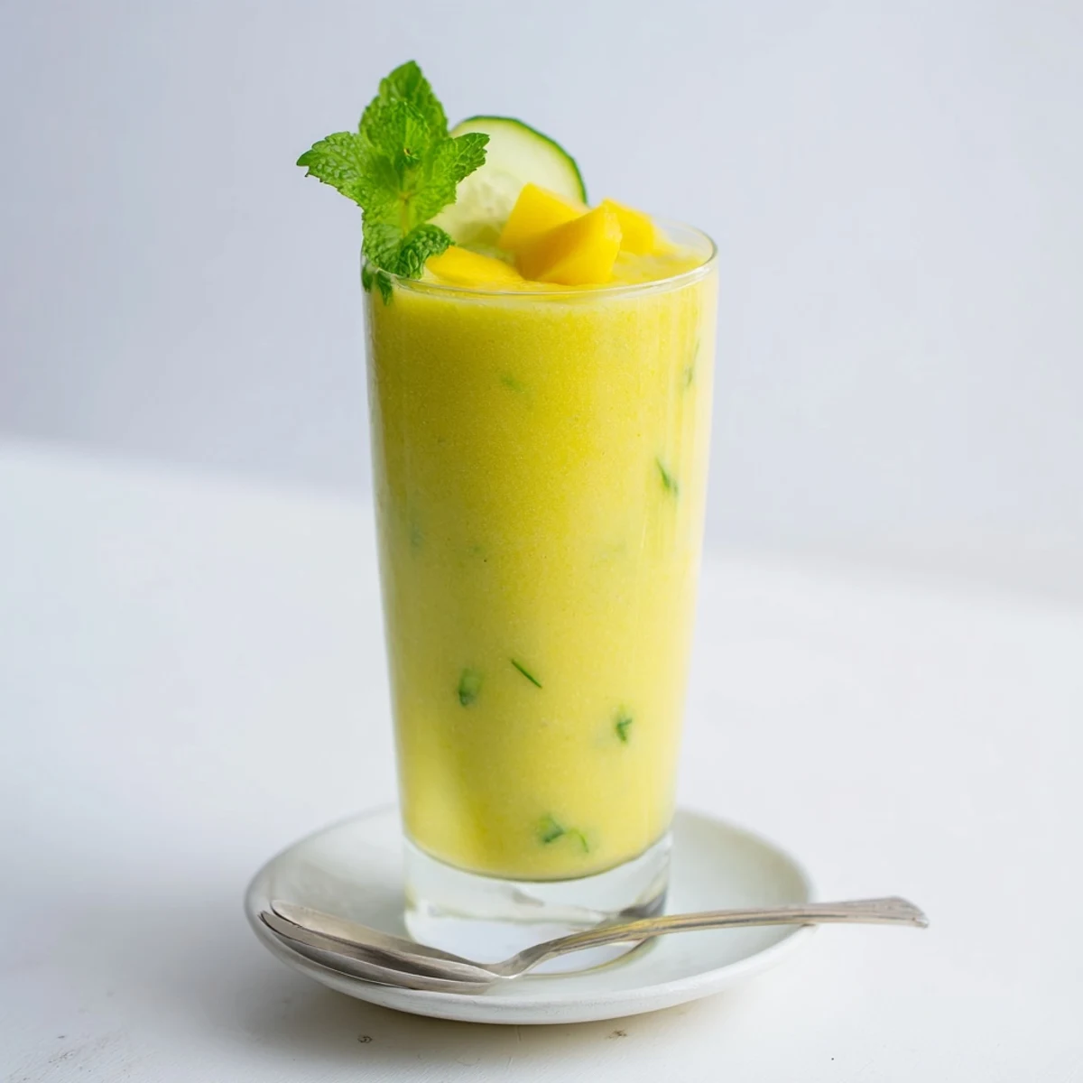 Vibrant yellow mango cucumber smoothie blended smooth and served ice cold