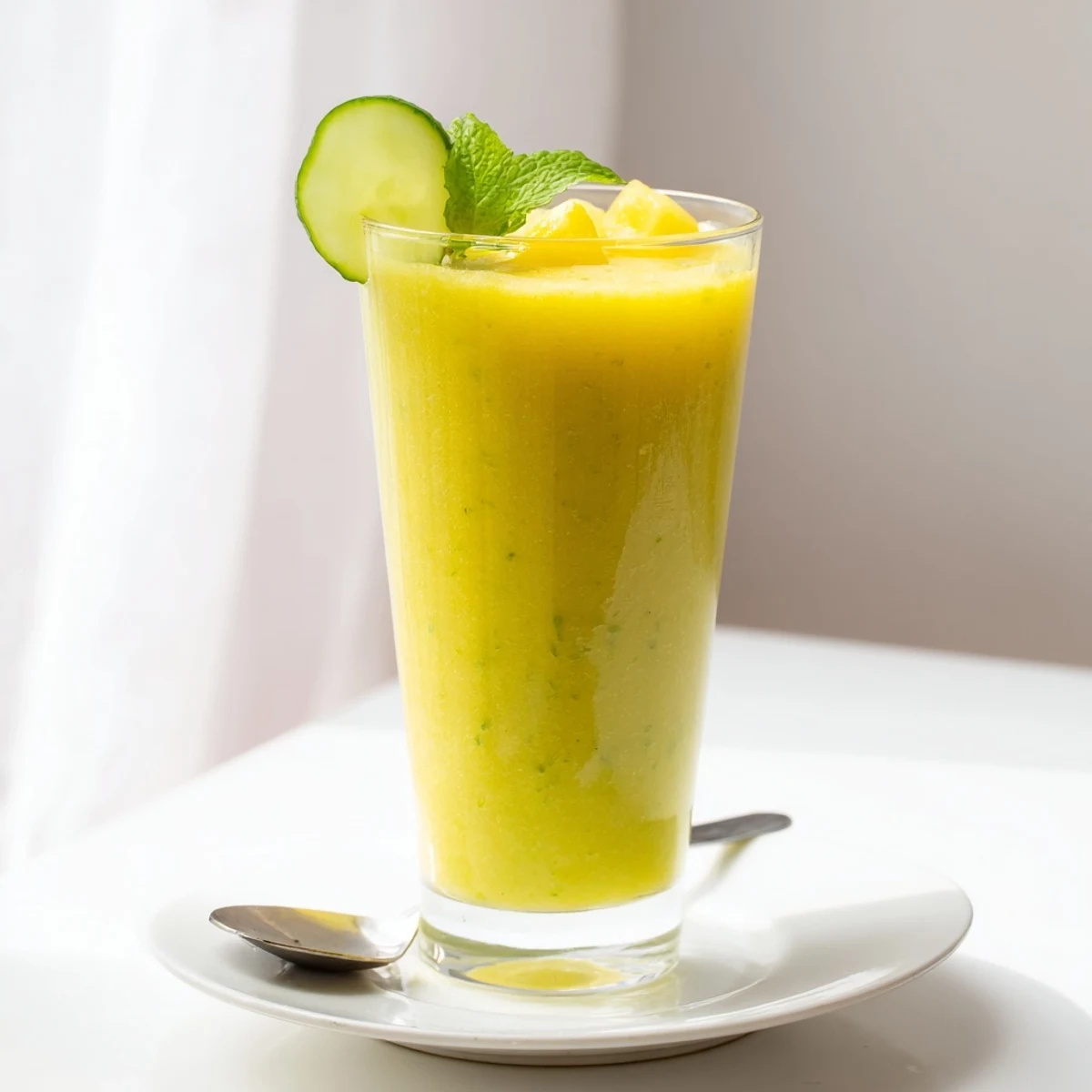Tropical mango cucumber smoothie in two tall glasses with lime wedges nearby
