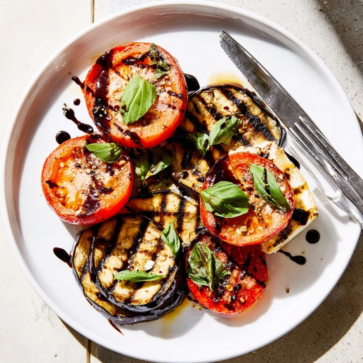 Smoky grilled tomato eggplant slices layered on a rustic serving platter