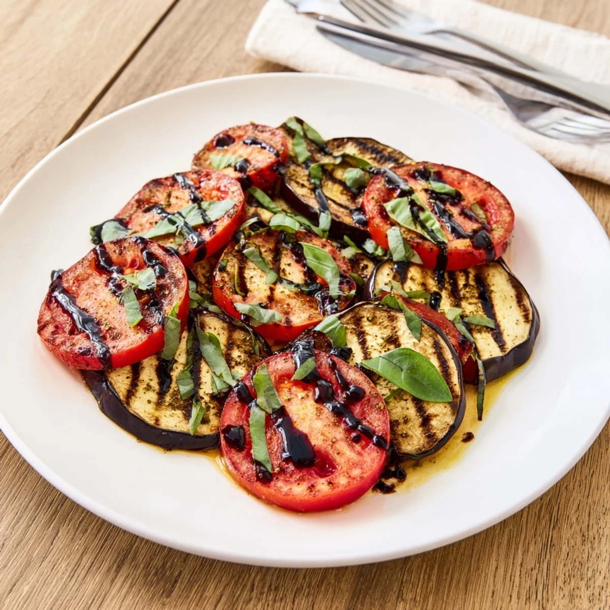 Charred grilled tomato eggplant stacked with juicy ripe tomato rounds
