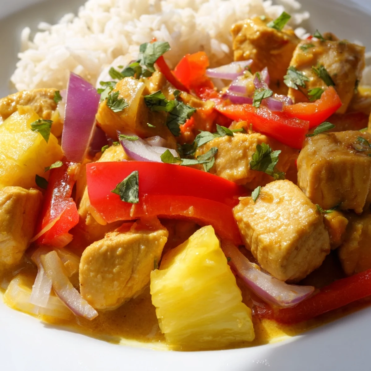 Golden tropical chicken with pineapple and peppers in a creamy coconut lime sauce over jasmine rice
