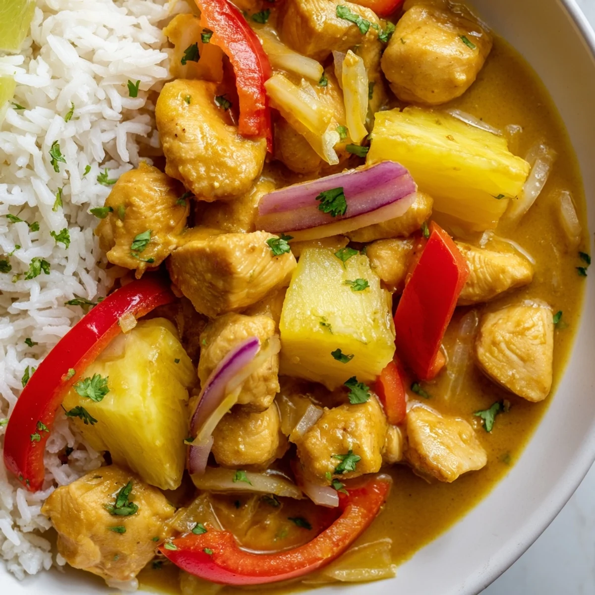 Juicy chicken pieces tossed with colorful bell peppers and fresh pineapple in a rich coconut turmeric sauce