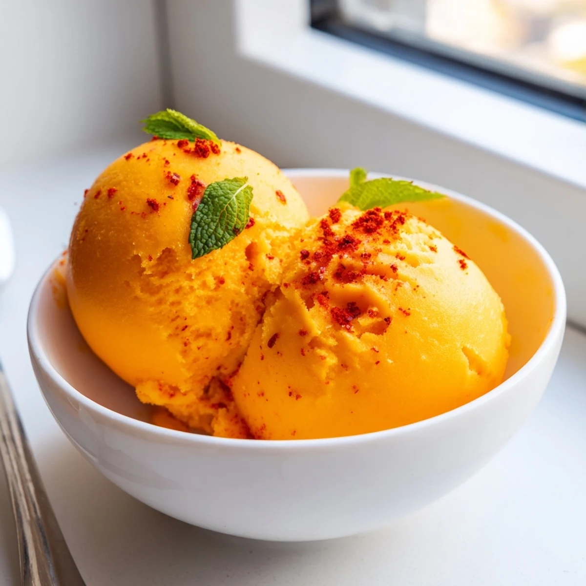 Creamy Chili Lime Mango Sorbet scooped into golden balls on a chilled dessert bowl