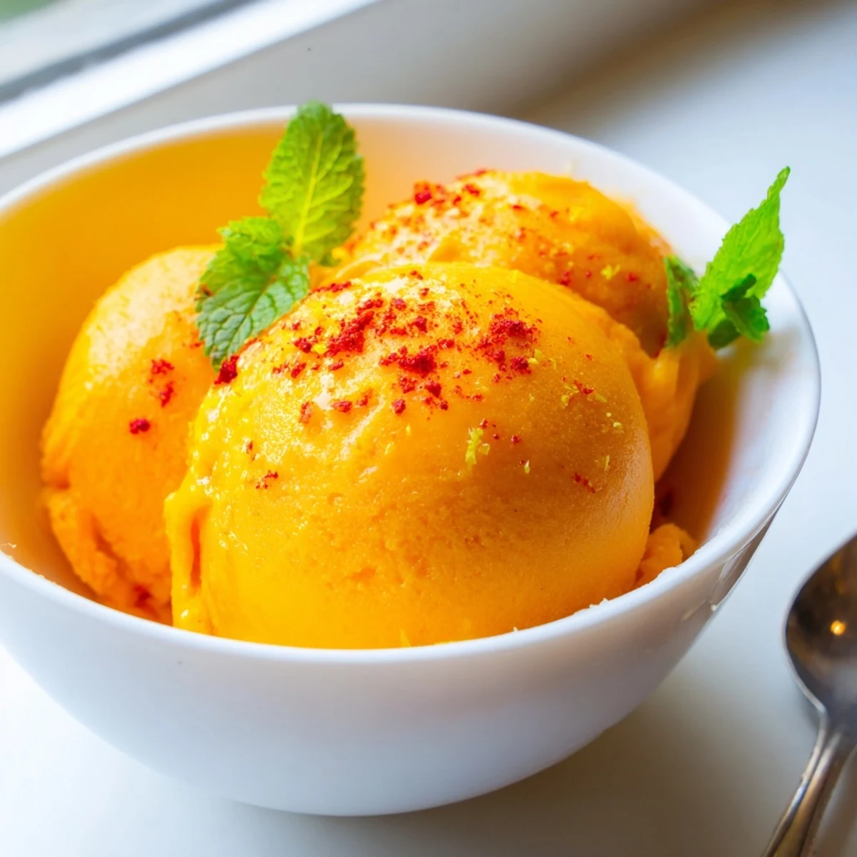 Vibrant orange creamy chili lime mango sorbet served in hollowed lime halves with mint
