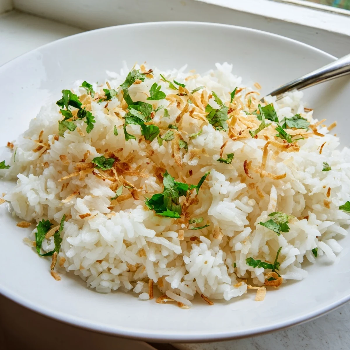 Creamy coconut rice steamed in rich coconut milk, garnished with toasted coconut flakes and fresh cilantro