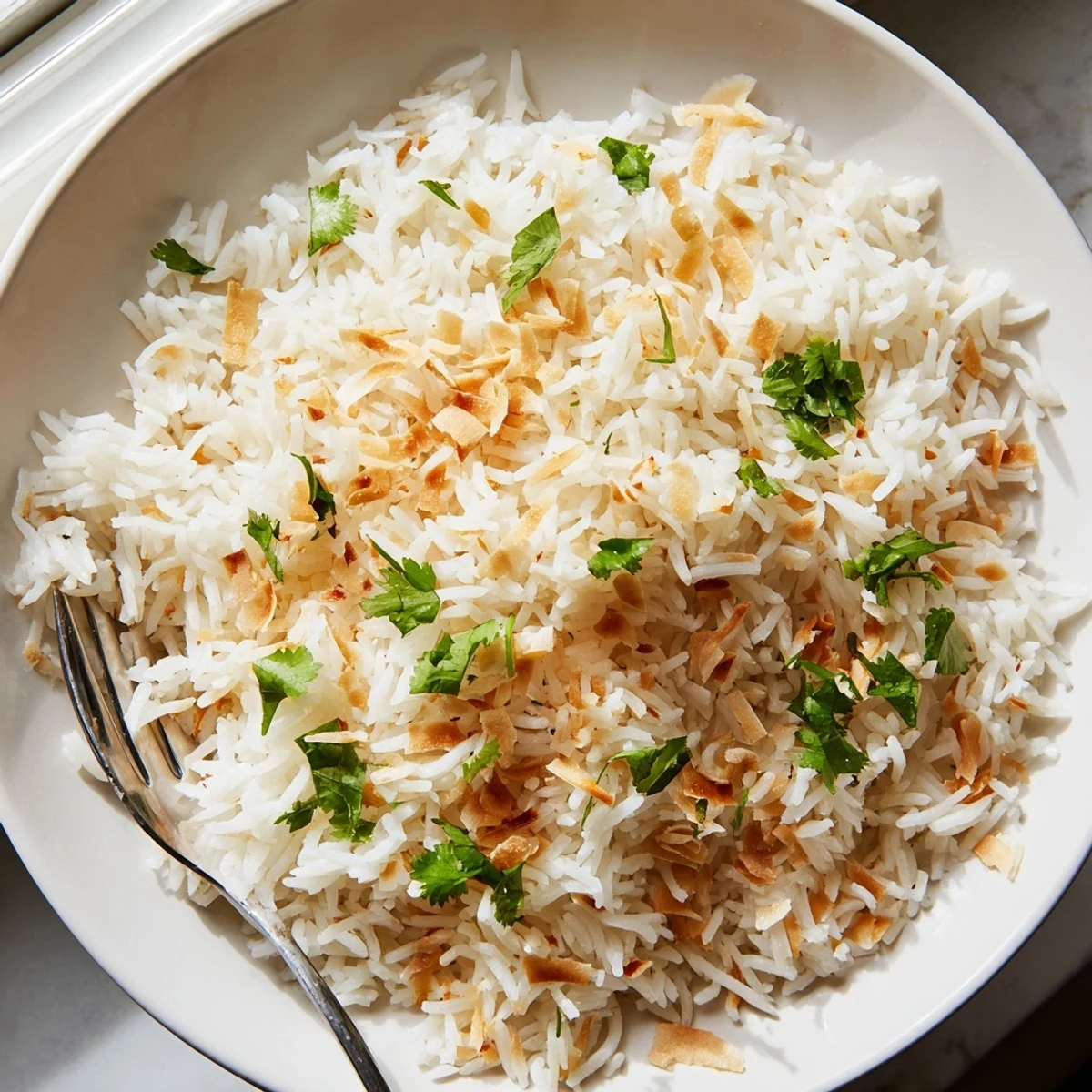 Fluffy coconut rice served in a bowl alongside a vibrant Thai curry with fresh herbs