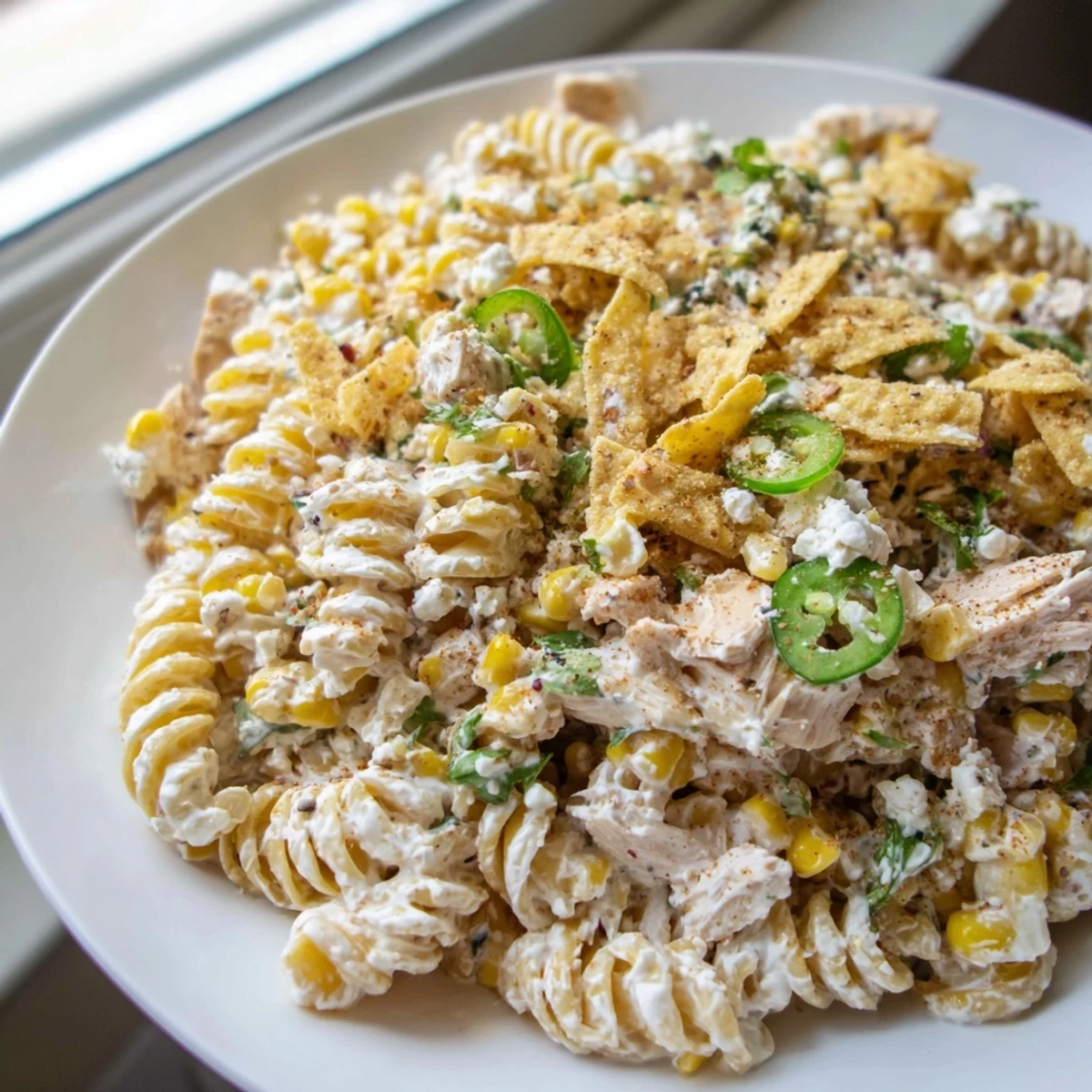 Colorful Mexican street corn chicken pasta salad in a rustic bowl with fresh cilantro and lime wedges