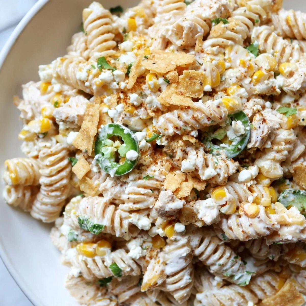 Creamy elote style chicken pasta salad topped with crushed tortilla chips and crumbled cotija cheese