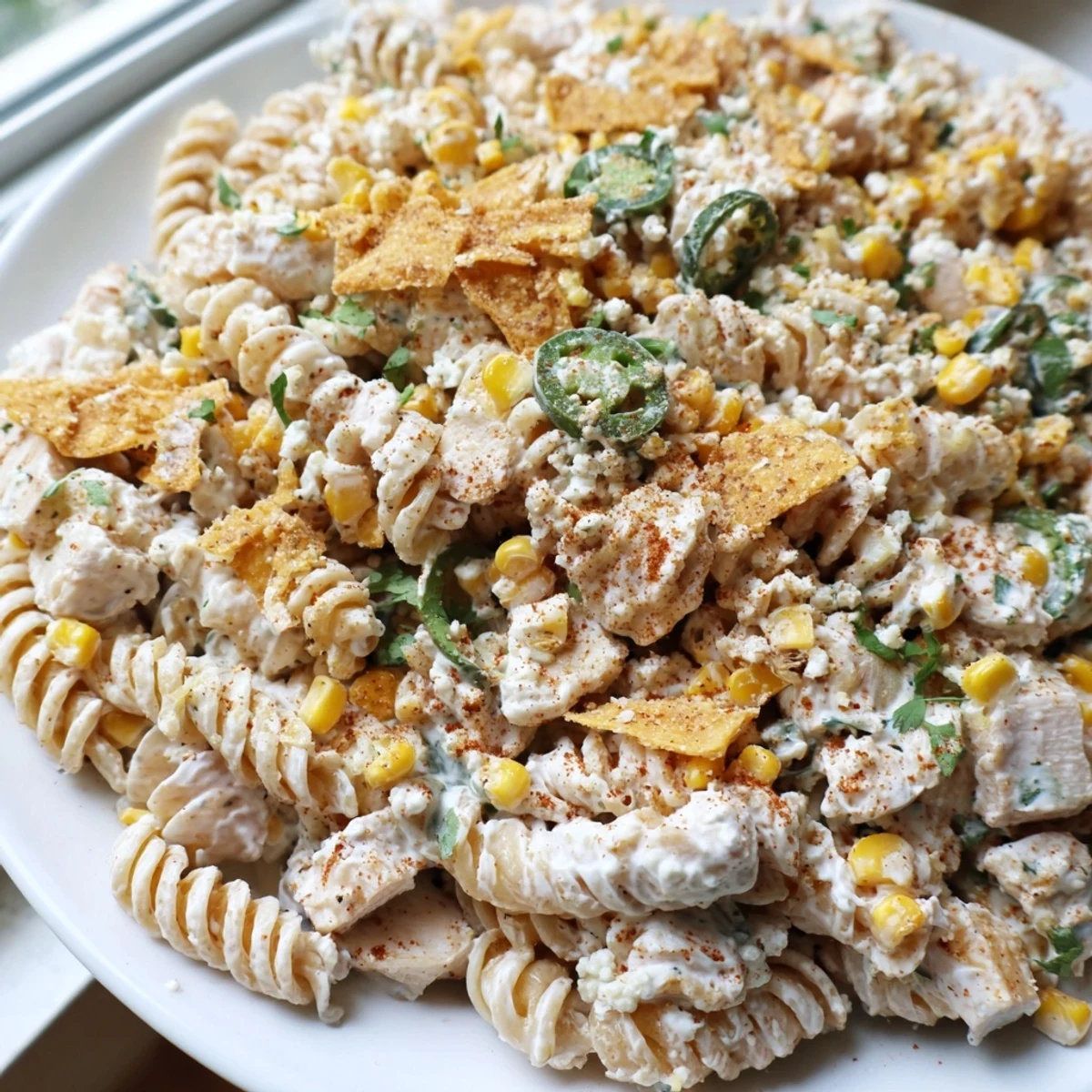 Golden charred corn kernels and tender chicken tossed in a zesty creamy pasta salad dressing