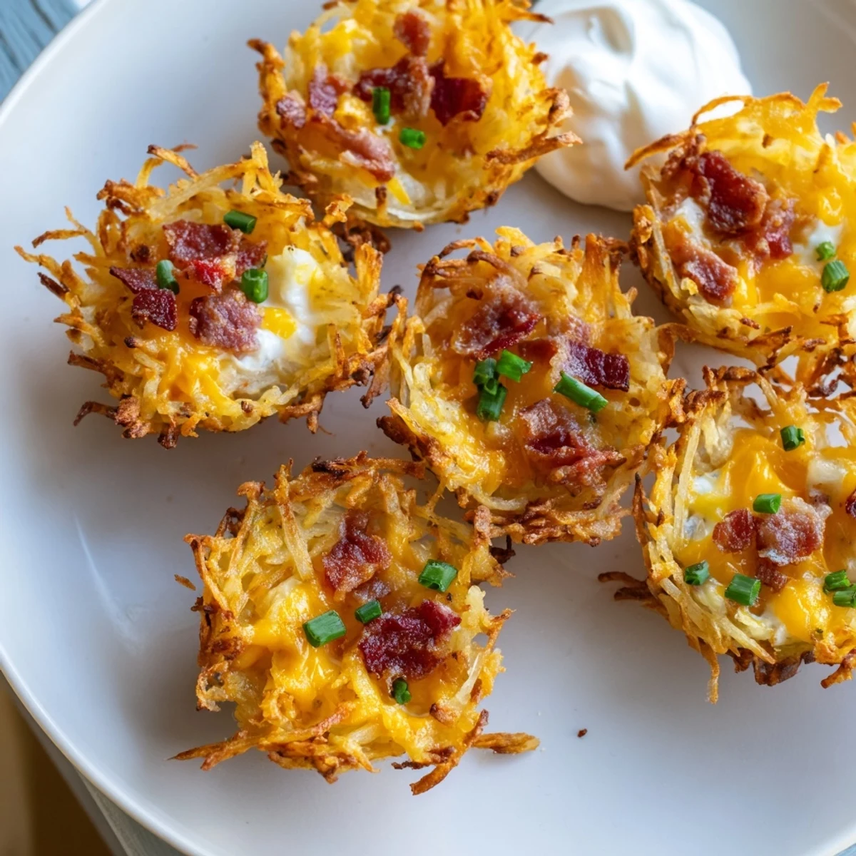 Crispy cheesy loaded hashbrown bites fresh from the oven with melted cheddar