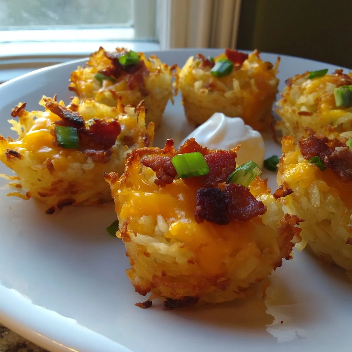 Golden cheesy loaded hashbrown bites topped with bacon and fresh green onions