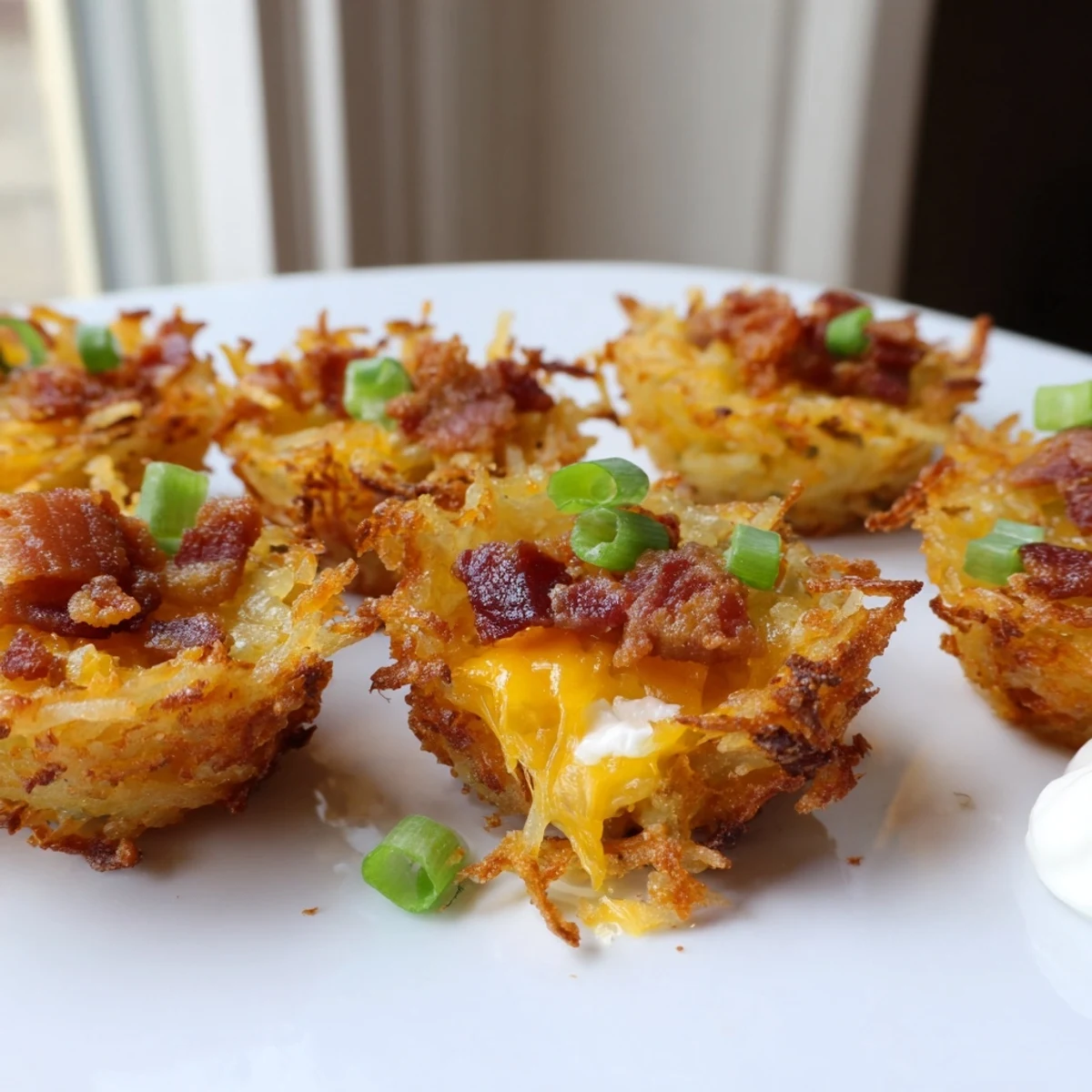 Warm cheesy loaded hashbrown bites arranged on a platter for party dipping