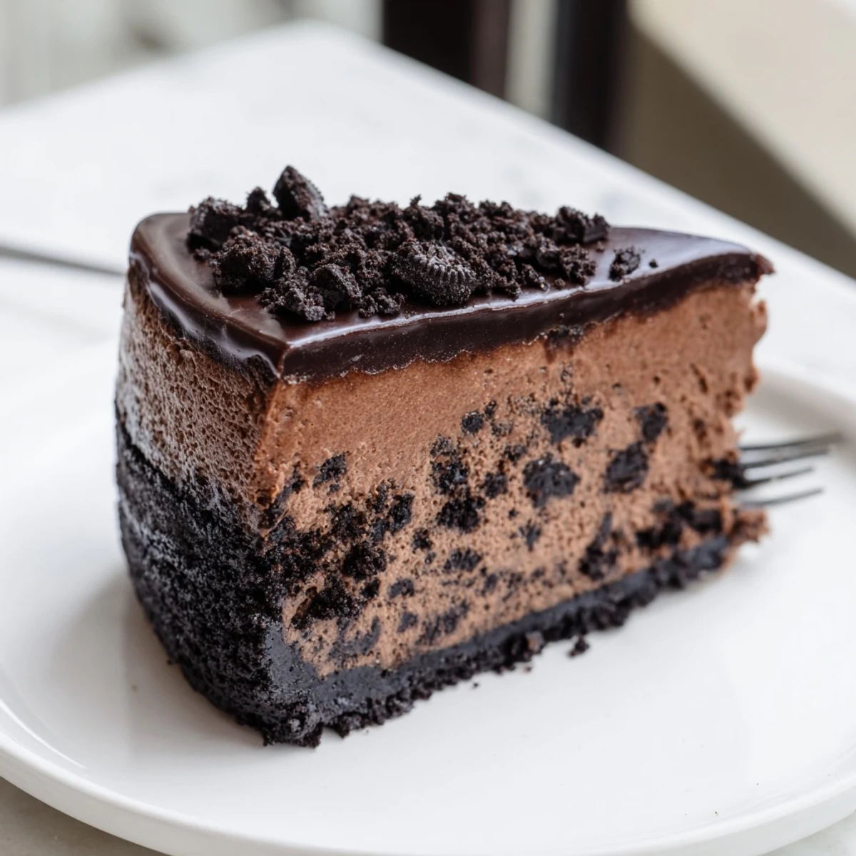 Creamy Oreo chocolate cheesecake with glossy ganache topping on a dark cookie crust