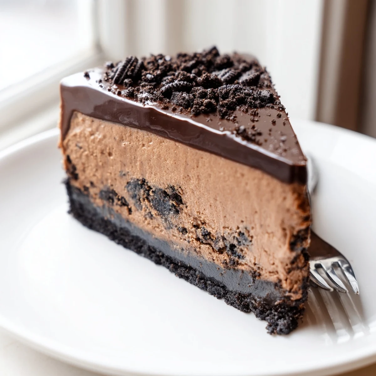 Velvety Oreo chocolate cheesecake topped with smooth chocolate ganache and sprinkled Oreo crumbs