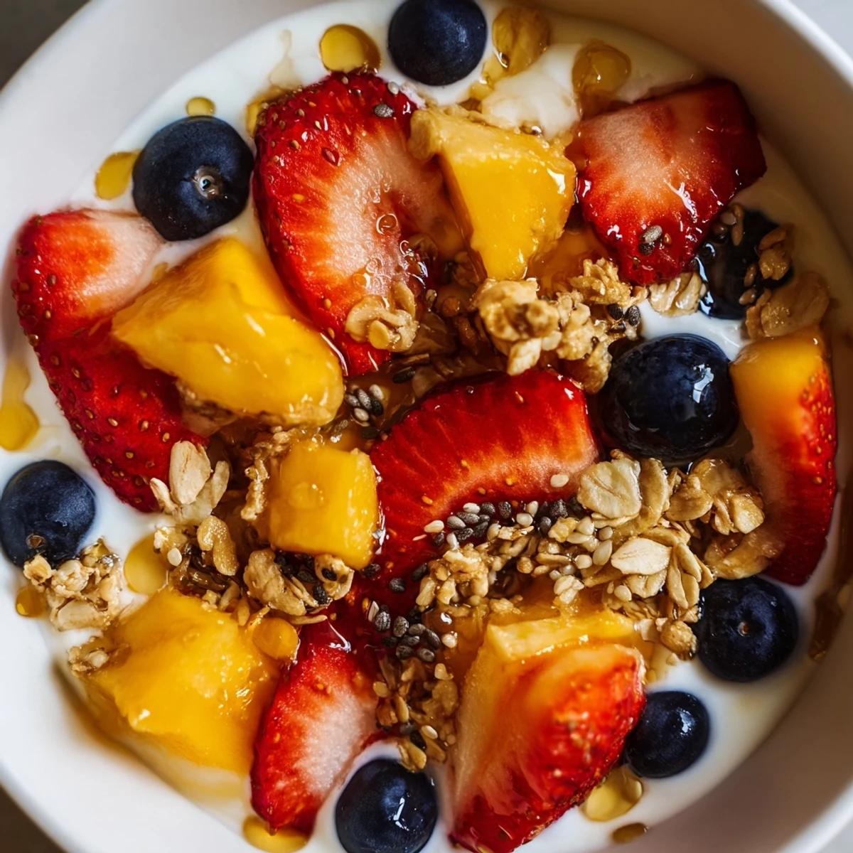 Creamy yogurt fruit bowl topped with fresh strawberries, blueberries, and crunchy granola