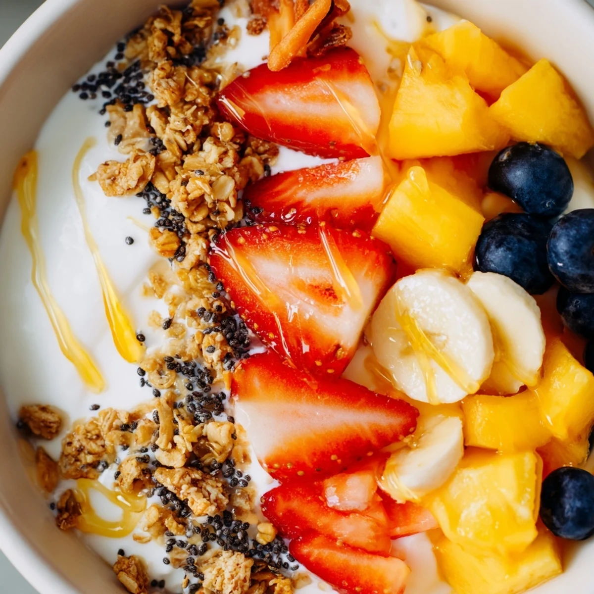 Vibrant yogurt fruit bowl drizzled with honey and sprinkled with chia seeds