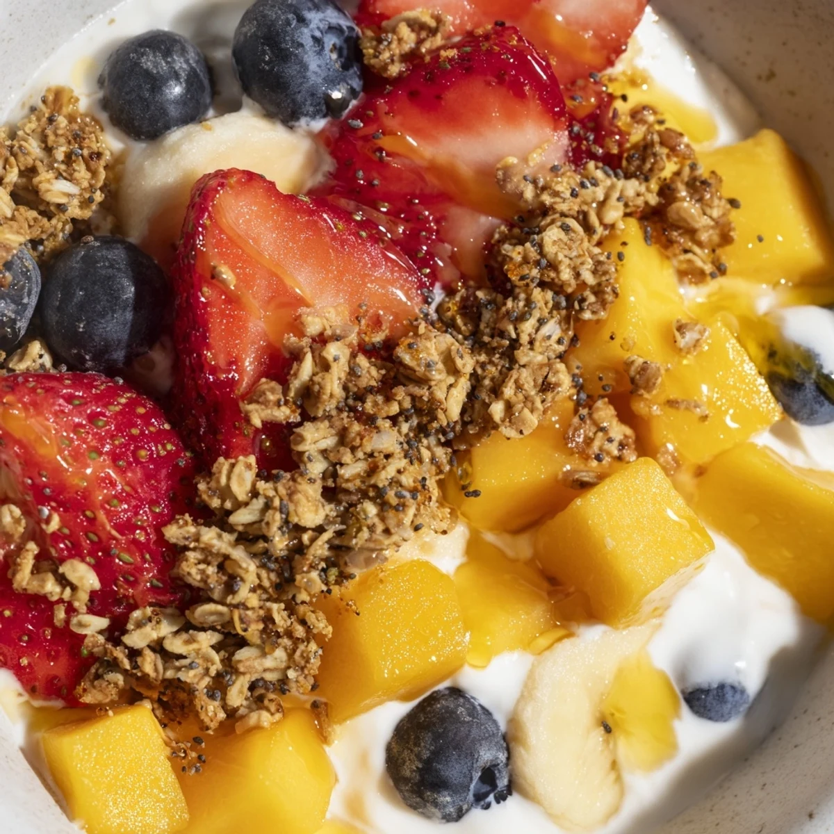 Colorful yogurt fruit bowl featuring ripe mango, banana slices, and juicy berries