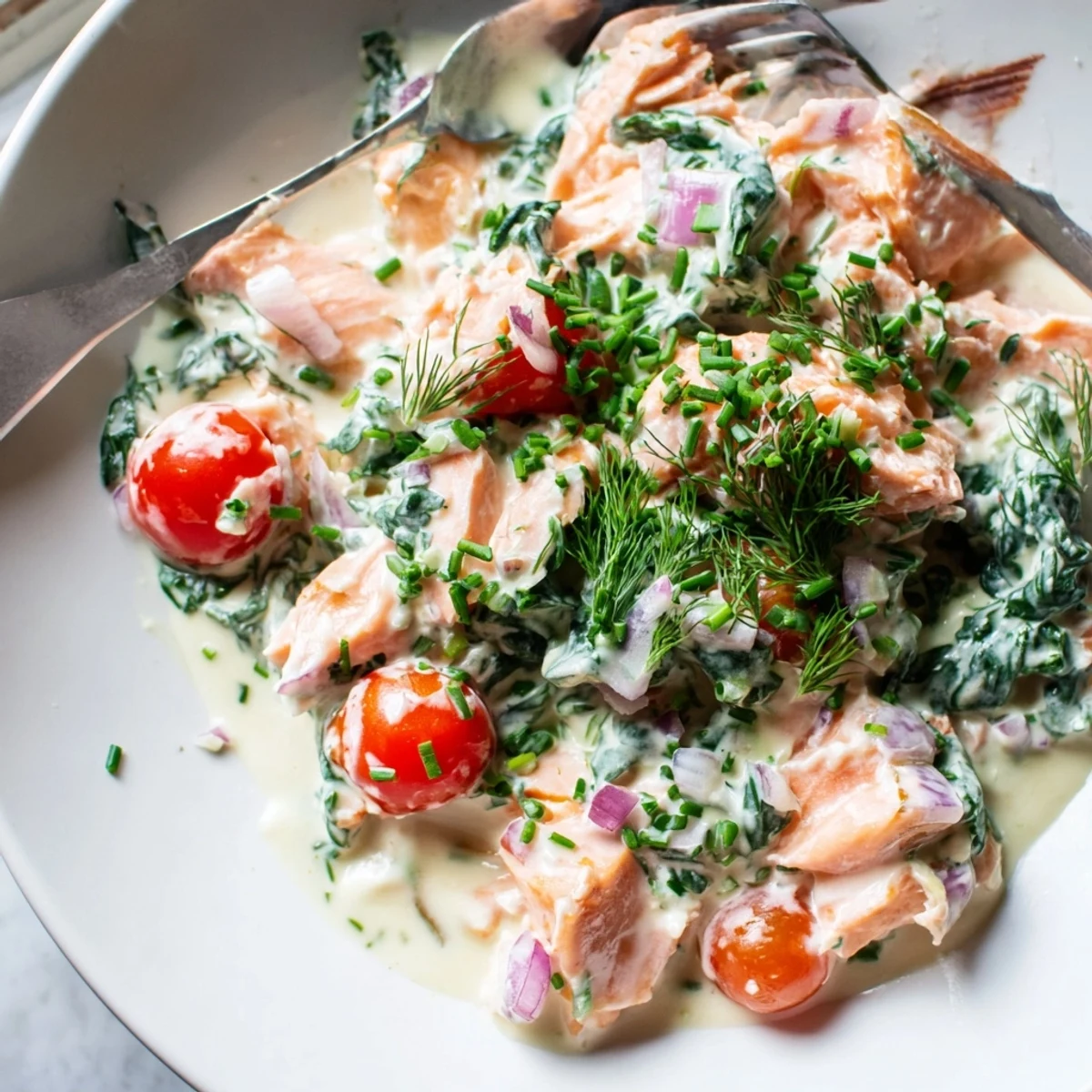 Golden creamy leftover salmon recipe with wilted spinach, cherry tomatoes, and a bright lemon finish
