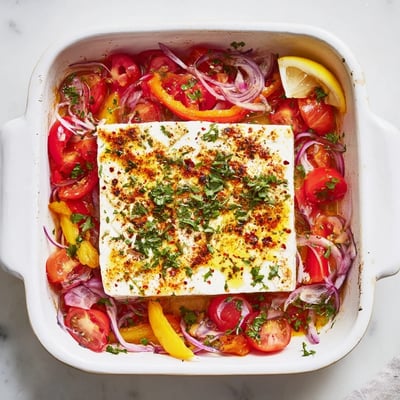 Spicy Baked Feta with charred red bell peppers and onions, ready to be served warm with pita bread.