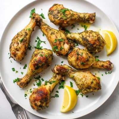 These Herb Roasted Chicken Drumsticks are served with lemon wedges and parsley beside a fresh green salad on the side.