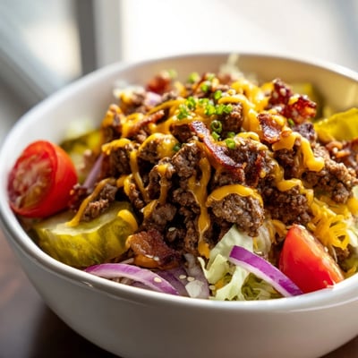 A generous Smash Burger Bowl filled with ground beef, crunchy veggies, cherry tomatoes, and a drizzle of creamy Smash Sauce for a deconstructed burger meal.