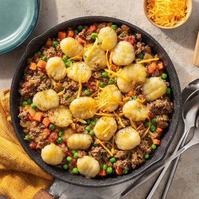 A close up of Quick Gnocchi Shepherds Pie served in a cast iron skillet with steam rising from the cheesy top.