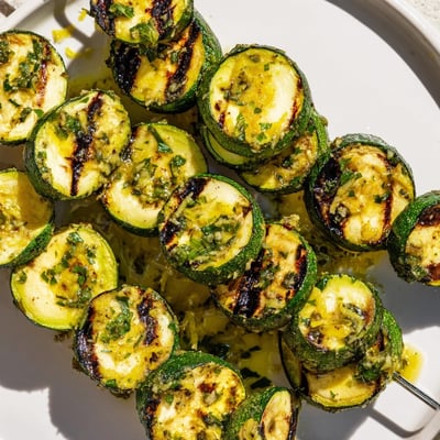 A close-up of Garlic Butter Zucchini Skewers, lightly charred and served with lemon wedges on a plate.