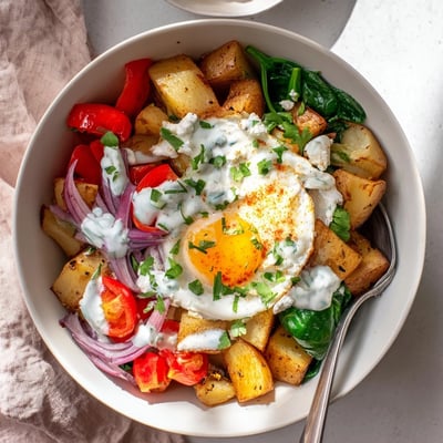 A vibrant Savory Breakfast Bowl with roasted red peppers, tomatoes, onions, and creamy feta garnish, served warm for a hearty morning meal.