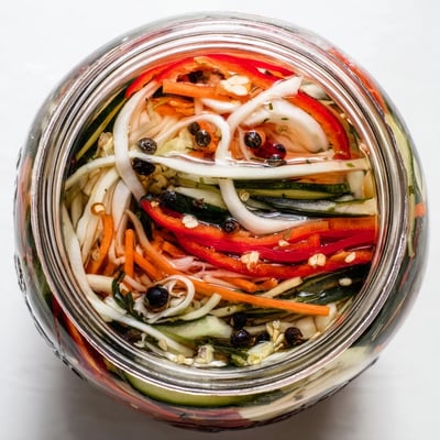 A close-up of vibrant Vietnamese Vegetable Pickle Medley, showcasing julienned vegetables and red chilies soaking in a sweet-savory pickling liquid.
