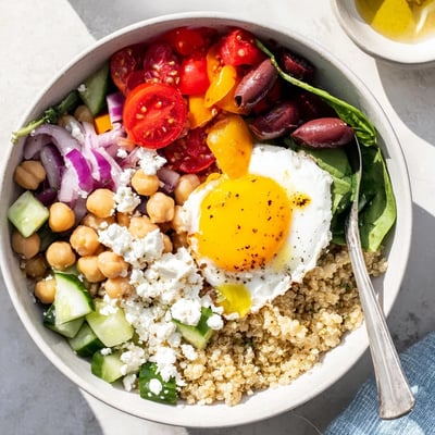 Colorful Mediterranean Breakfast Bowls filled with cucumber, tomatoes, olives, and feta, ready to enjoy.