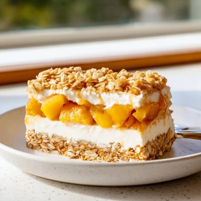 Chilled Peaches and Cream Crumble Bars with buttery oat topping and juicy peach filling
