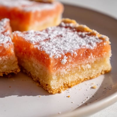 Bright pink grapefruit bars sliced into squares, showing off a smooth citrus filling and golden crust